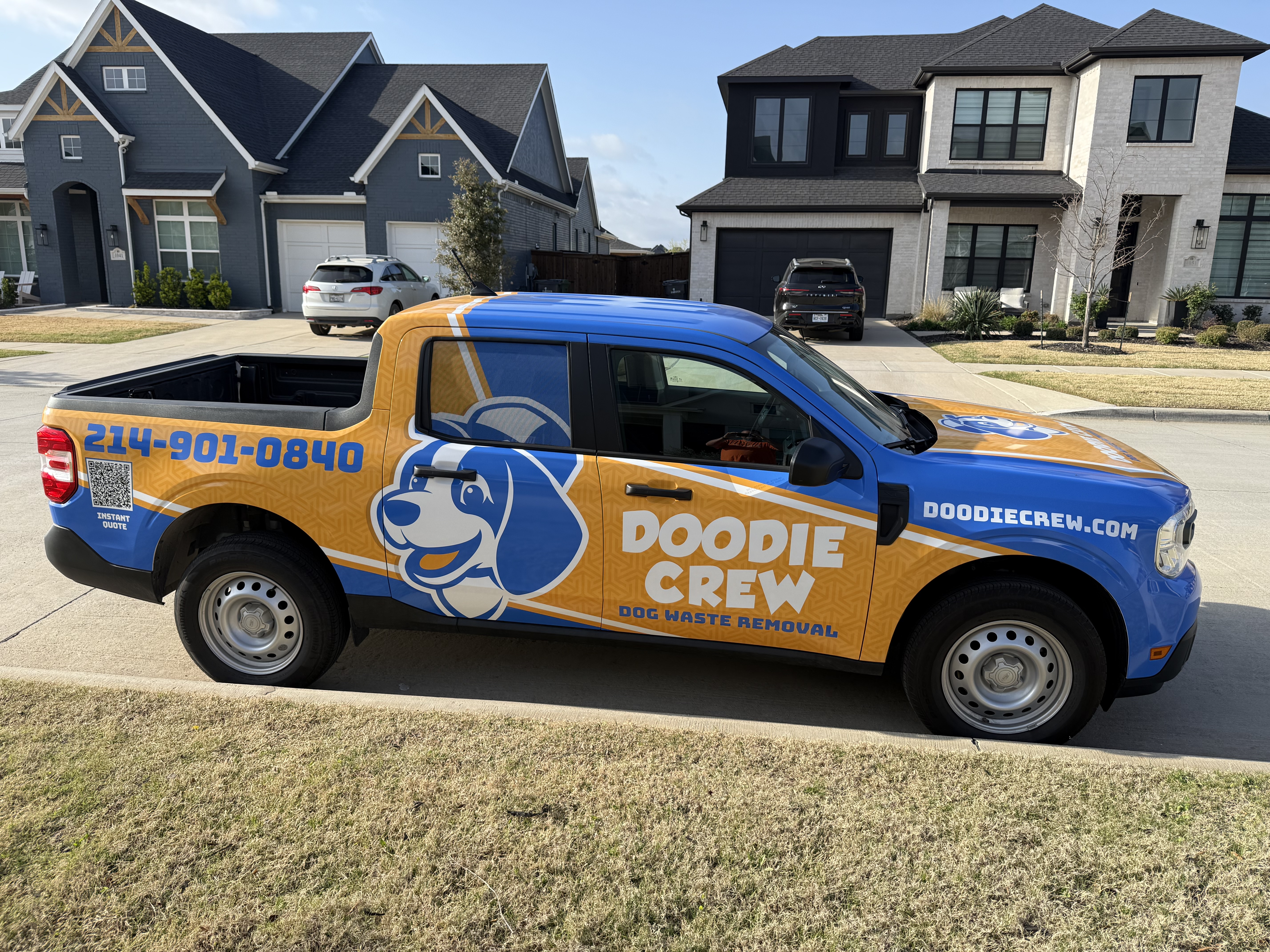 Doodie Crew branded Ford Maverick service truck parked in front of a suburban home in Prosper, TX showing the phone number 214-901-0840